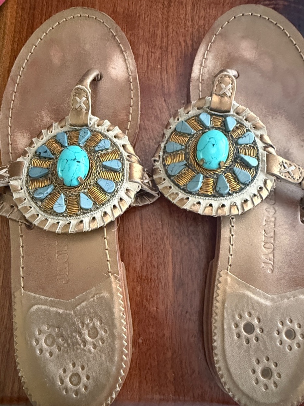 Jack Rogers Bronze/Gold Leather Sandals with Turquoise Accent